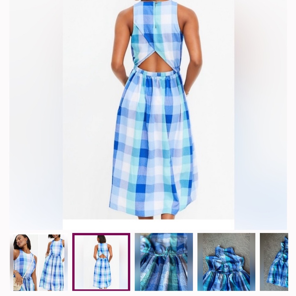 LOFT Blue Plaid Sleeveless Midi Dress with Cutout Back